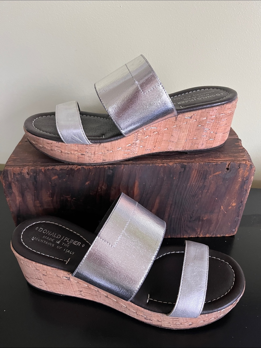 Donald J Pliner silver metallic double-strap slide sandals